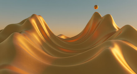 Golden abstract landscape with a floating sphere evokes a sense of ethereal beauty and luxurious