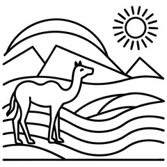 Minimalist line art illustration of a camel standing on abstract desert sand dunes with pyramids and sun in the background.