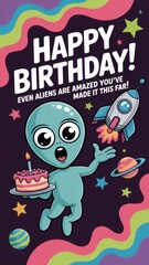 Funny birthday card featuring a cheerful alien celebrating with cake and a rocket ship in a colorful cosmic design for a special occasion. 3I/ATLAS