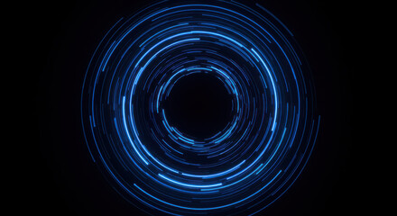 Abstract blue light trails form a mesmerizing circular vortex on a black background