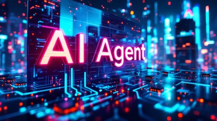 The words ai agent stand out in neon lights amidst a futuristic cyberpunk city with intricate digital networks