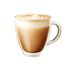A delicious caramel latte in a clear glass mug with foamy milk and caramel drizzle isolated on transparent background