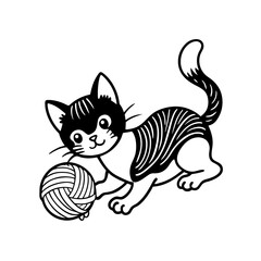 Playful black and white kitten with a ball of yarn isolated on white background isolated on transparent background