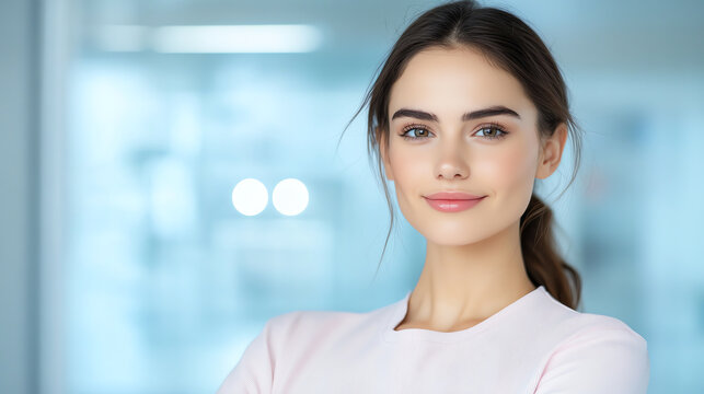 Confident young woman smiling, showcasing professionalism and approachability in a modern office environment.