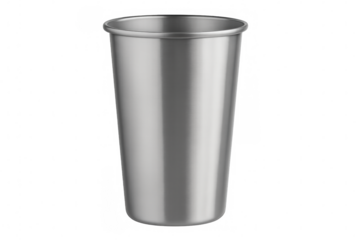 Shiny stainless steel cup with a sleek design, isolated on a transparent background, ideal for kitchenware and beverage concepts