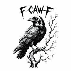 Black and White Ink Illustration of a Raven on a Bare Tree Branch with Gothic “F-CAW-F” Text