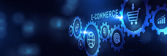 E-Commerce Enabling Online Buying and Selling on a Wide Banner, Business and Technology Concept.