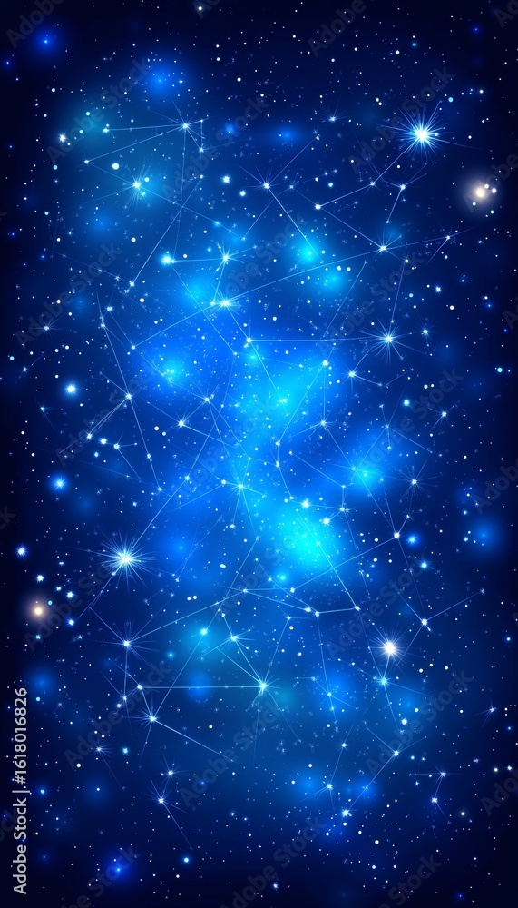 Poster luminous blue interconnected network of nodes and lines against a dark blue bokeh effect background