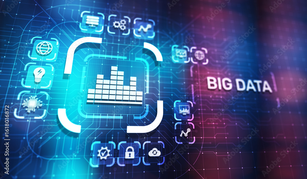 Poster big data analytics platform, business intelligence and modern technology concept on vitual screen.