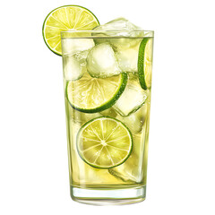 Refreshing tall glass of lime and ice cocktail with garnish isolated on transparent background
