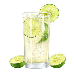 Refreshing tall glass of clear sparkling beverage with ice lime slices and mint isolated on transparent background