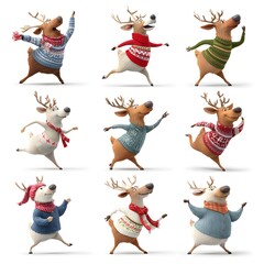 Animated reindeer in festive sweaters and scarves – cheerful winter characters in playful poses for holiday spirit, kids decor, and seasonal charm