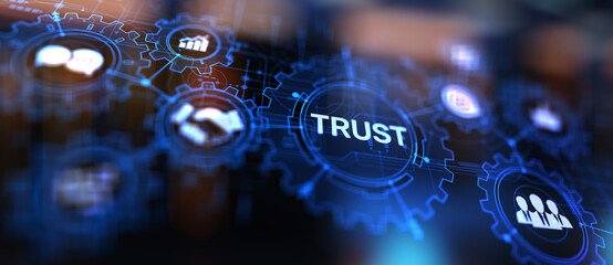 Trust customer relations reliability business concept. Pointing and pressing on virtual screen.