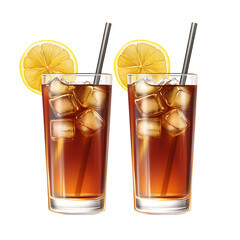 Two tall glasses of iced tea with lemon slices and straws isolated on transparent background
