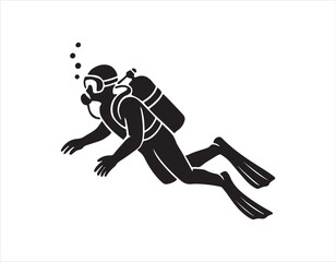 Scuba diver silhouette swimming underwater with bubbles coming up graphic vector icon marine adventure activity isolated on white backdrop