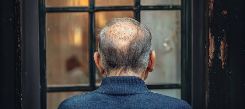 An Elderly Man in Contemplation by an Antique Window, Soft Light Casting Gentle Shadows Behind Him