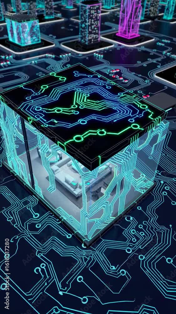 Poster futuristic cityscape video concept with a high-angle view of a digital cube room, featuring glowing 