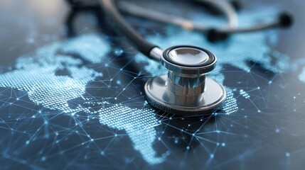Ultra quality image of stethoscope resting on a digital map representing global healthcare connections and advancements in medical technology.