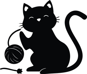 Adorable black and white cat playfully batting at a ball of yarn isolated on white background isolated on transparent background