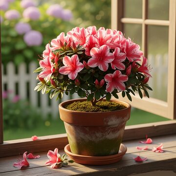 Fototapeta a small tree in a pot with many pink and white flowers
