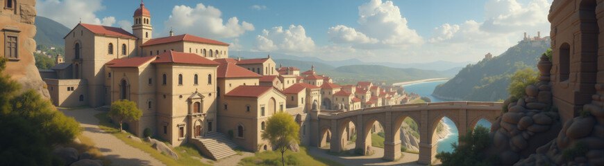 Obraz premium panorama of the city located in a picturesque place with mountains on background, river and bridges, beautiful landscape at sunset