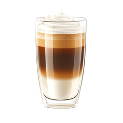 Tall glass of layered coffee drink with foamy cream topping isolated on transparent background