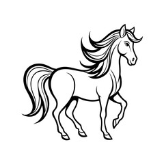 Elegant black and white outline drawing of a majestic horse in motion isolated on white background...