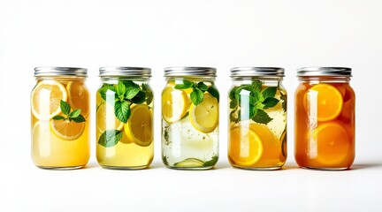 A row of mason jars filled with refreshing citrus and mint infused water on white background