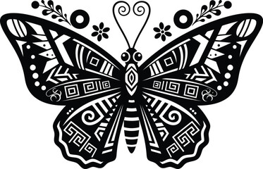 Photo of an ornate black and white butterfly with intricate geometric patterns and decorative elements, isolated on a white background