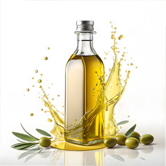 Olive oil bottle splash isolated on white background
