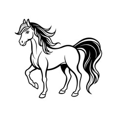Elegant black and white drawing of a majestic horse in motion isolated on white background isolated...