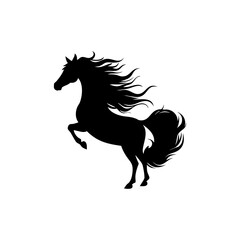 Silhouette of a powerful black horse rearing up with a flowing mane and tail isolated on white background isolated on transparent background