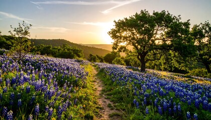 Fototapeta premium Golden Sunset Illuminates Bluebonnet Trail Through Lush Texas Hill Country Landscape