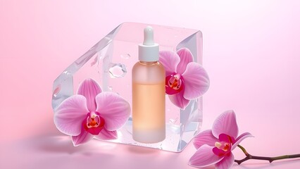 Orchid Infusion Serum Bottle Amidst Blossoms and Ice