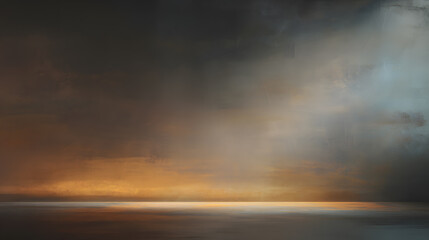 A softly blurred charcoal gray surface takes up the background, illuminated by low amber lighting that dances across its surface. The hazy air suggests warmth and smoke, building a mysterious and