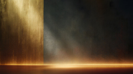Out-of-focus charcoal gray wall forms the background, textured and dimly illuminated by amber light that casts a serene, warm glow. The presence of subtle smoke creates visual softness, evoking the