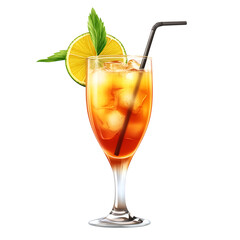 Refreshing orange cocktail with ice and lemon slice isolated on transparent background