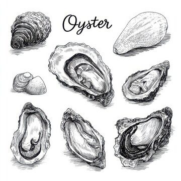 Oyster Cartoon Collection. Hand-drawn Sketch of Fresh Seafood Delicacy in Black Contour Style
