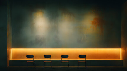 In low ambient light, the backdrop features a textured charcoal wall diffused by warm amber glow from concealed sources. A gentle smoky haze drifts across the frame, conjuring the quiet moodiness of