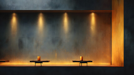 In low ambient light, the backdrop features a textured charcoal wall diffused by warm amber glow from concealed sources. A gentle smoky haze drifts across the frame, conjuring the quiet moodiness of