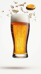 A beer glass with foam and bubbles with a bottle cap and liquid droplets above