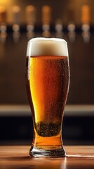 A full glass of amber beer with a foamy head on a wooden surface