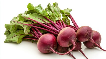 A cluster of fresh beets with vibrant green leaves and purple stems