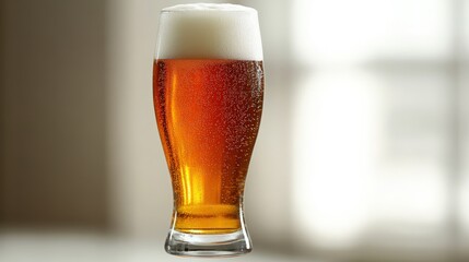 A tall glass of amber beer with a thick white foam head