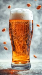 A tall glass of golden beer with white foam surrounded by floating nuts