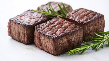 Four grilled steaks with rosemary sprigs on a white surface