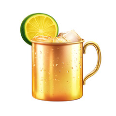 Refreshing moscow mule cocktail in a copper mug with lime and ice isolated on transparent background