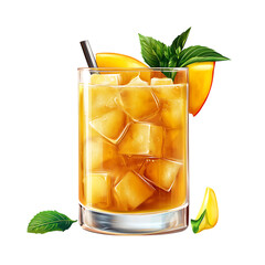 Refreshing iced tea cocktail with peach slices and mint leaves isolated on transparent background