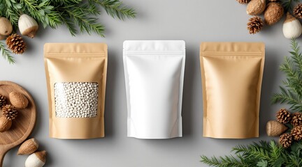 Three standup pouches surrounded by pine cones and evergreen branches create a festive mockup