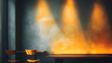 A moody interior scene featuring a softly blurred charcoal gray wall in the background, gently illuminated by warm amber lighting that casts subtle highlights and shadows. The air holds a faint smoky